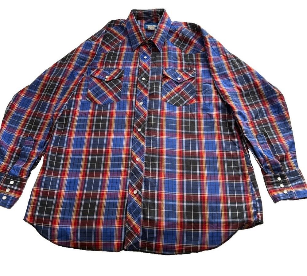 Wrangler Western XL Long Sleeve Plaid Pearl Snap Button Shirt Cotton/Poly Blue